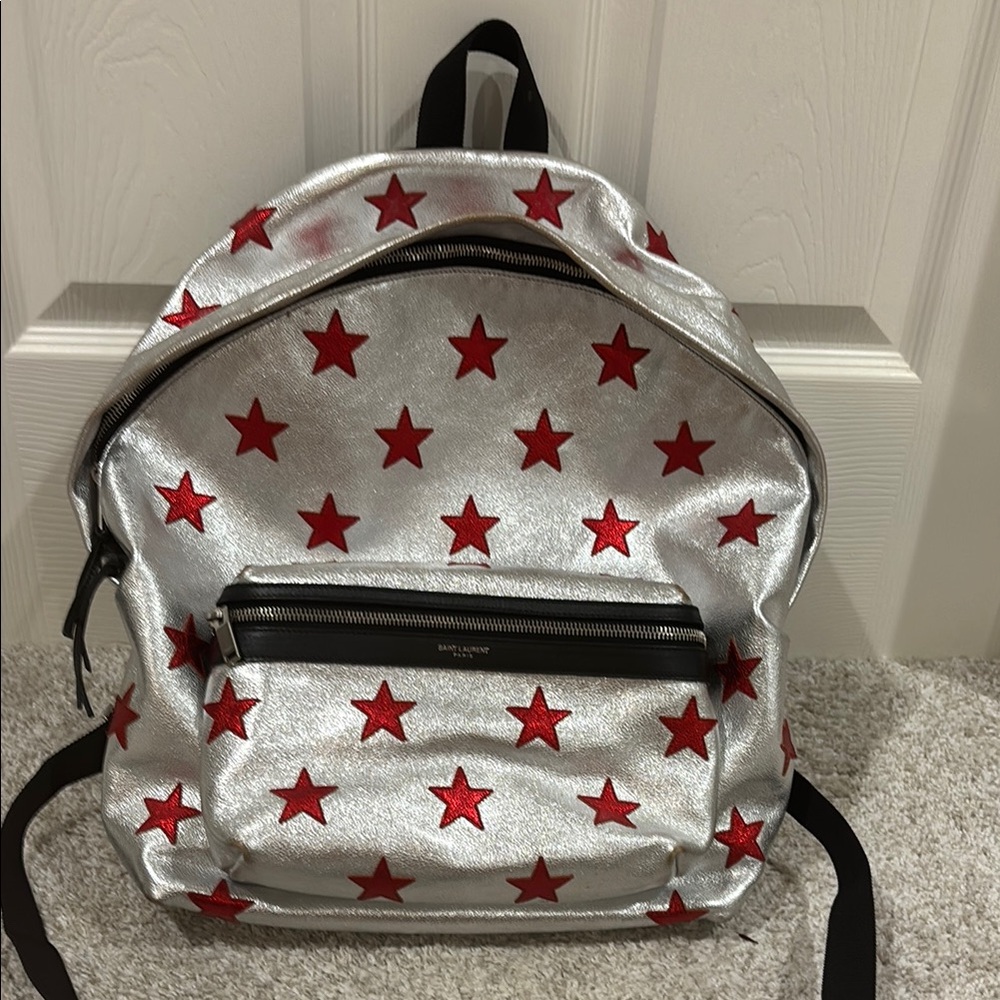 YSL Silver Backpack with Red Stars
